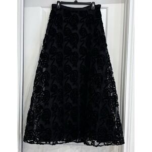 Chetta B Romantic Black Velvet Flocked Mesh Rose Swirl Formal Maxi Skirt Size 12